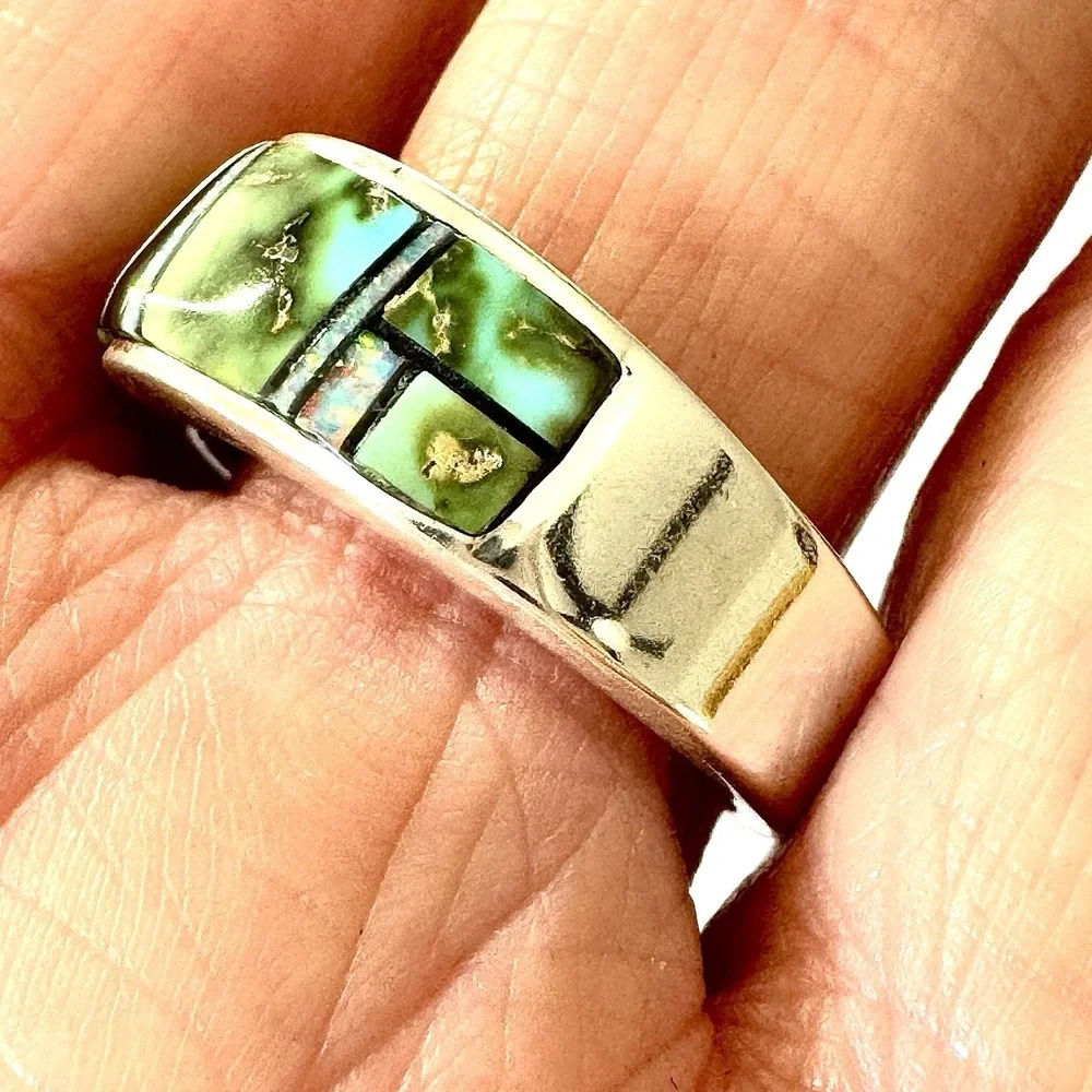Navajo‎ Inlay Sonoran Turquoise Opal Wedding Band Sz 9 9mm Ring Mens AT